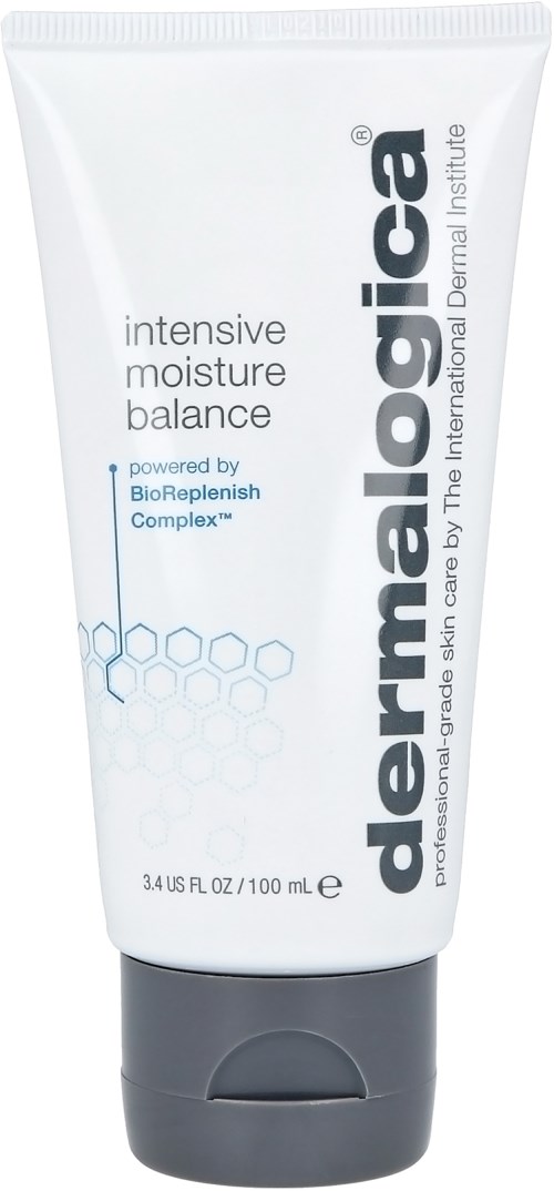En vit tub med svart och blå text, märkt 'dermatologic' och 'intensive moisture balance'.