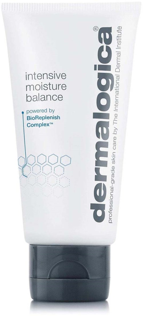 Een witte tube met huidverzorgingsproduct genaamd "dermatologica" met zwarte dop, gericht op vochtbalans, van het International Dermal Institute.