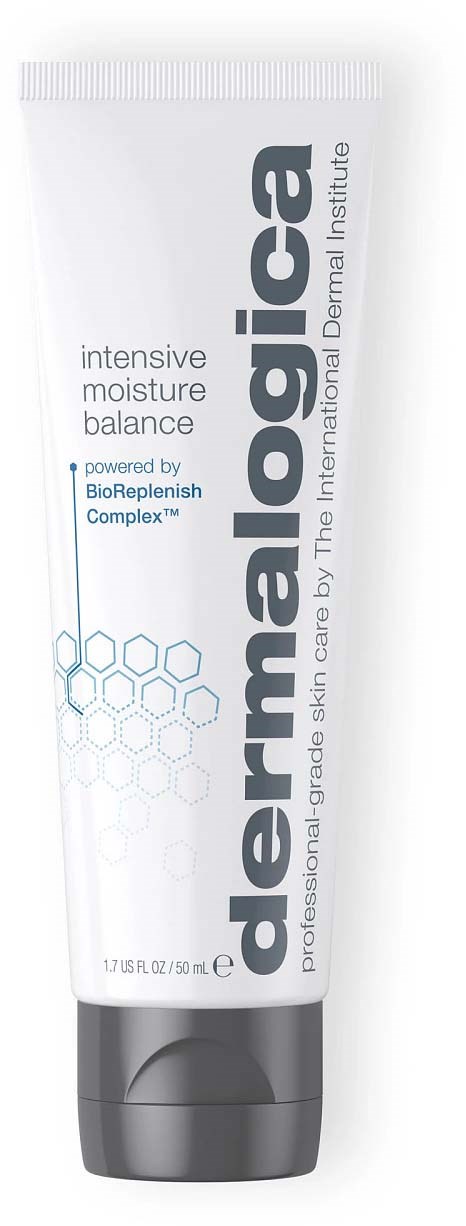 Eine weiße Tube mit Dermalogica-Hautpflegeprodukt, schwarzer Deckel, blauer Schrift und Hexagonmustern, für Feuchtigkeitsbalance.