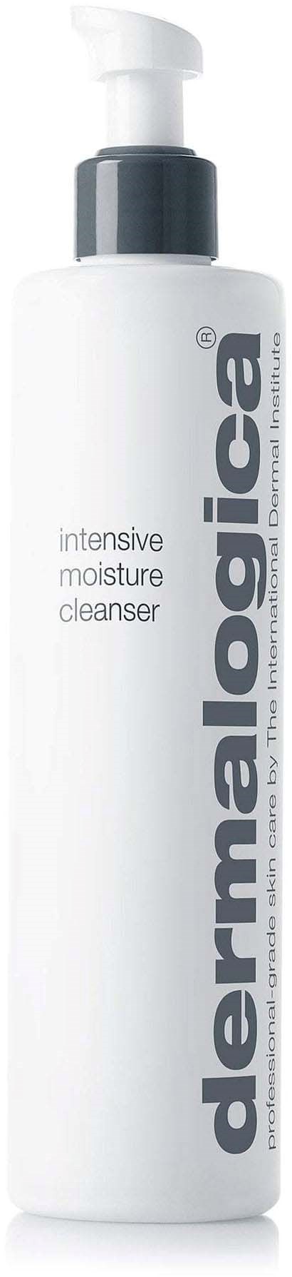 Een witte fles met pomp die zegt 'dermalogica' en 'intensive moisture cleanser'.