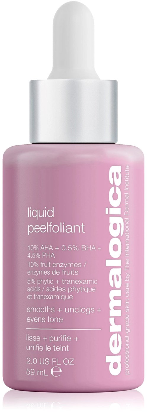 Een roze huidverzorgingsfles met een witte druppelkoker, gelabeld als Dermalogica's vloeibare peeling voor een egale huidtint.