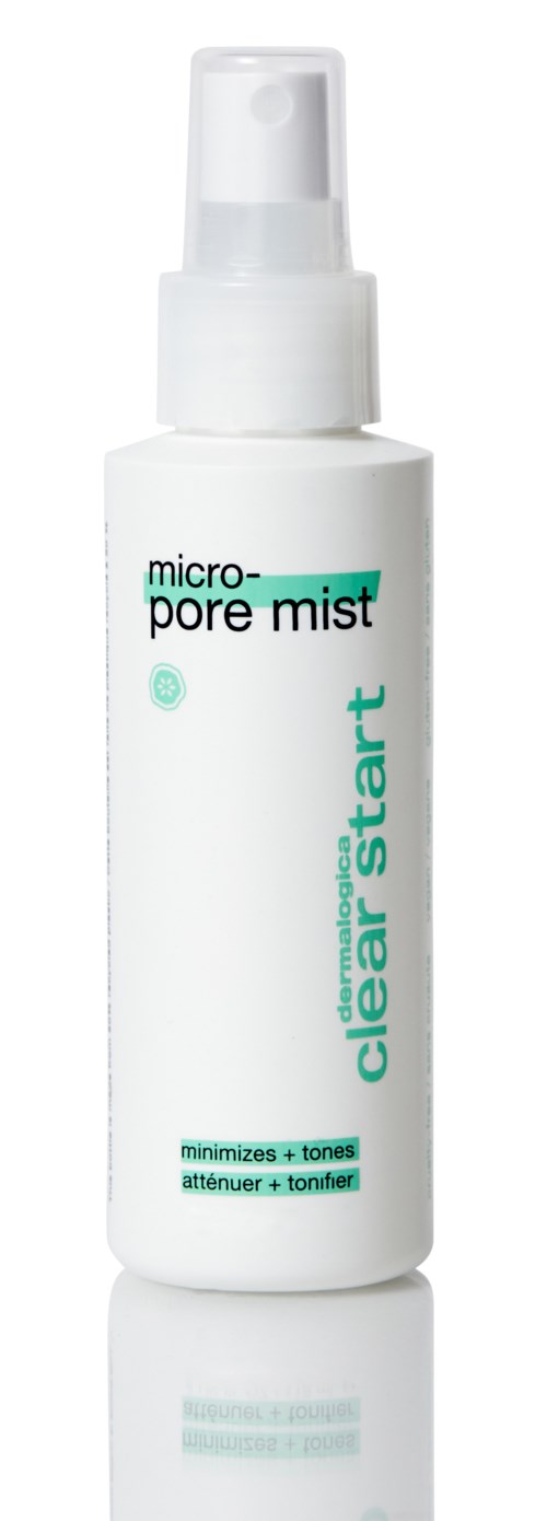 A white spray bottle labeled 'micro-pore mist' and 'clear start' for minimizing and toning skin.
