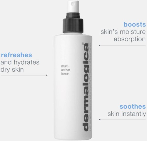 Een witte fles met een zwart spraydop, met Dermalogica-etiket, belooft huid te verfrissen, voeden en kalmeren.
