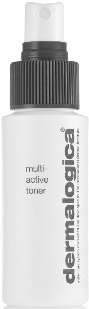 En vit sprayflaska med svart lock märkt 'dermalogica' och 'multi-active toner.'