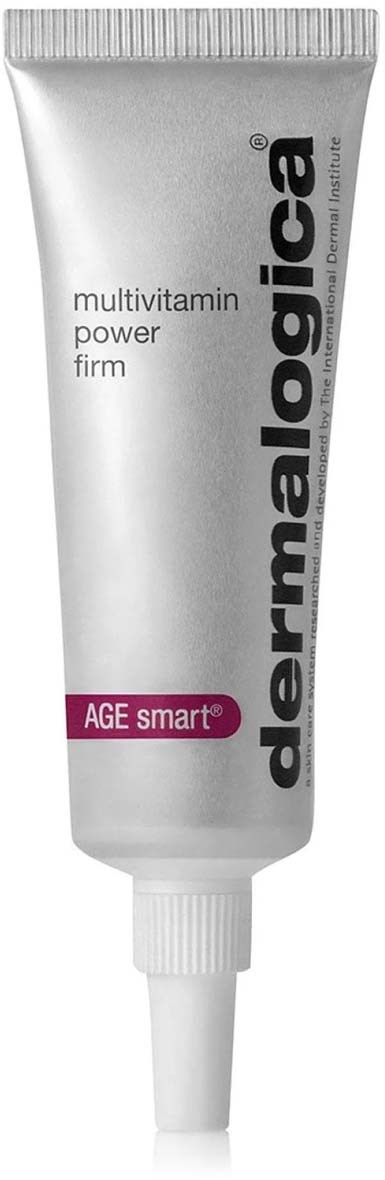 Een zilveren tube met zwarte en roze tekst, gelabeled 'dermalogica' en 'AGE smart', een vitaminerijk huidverzorgingsproduct.