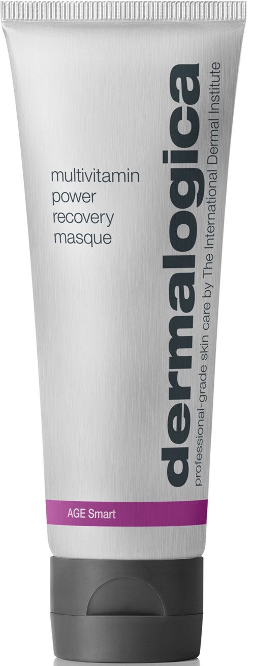 Een witte tube met zwarte en paarse tekst voor een huidverzorgingsproduct genaamd dermaology multivitamin mask.