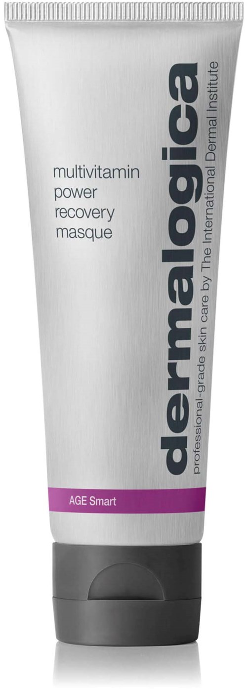 Eine weiße Tube mit der Aufschrift 'dermalogica multivitamin power recovery masque' mit lila und grauen Details.