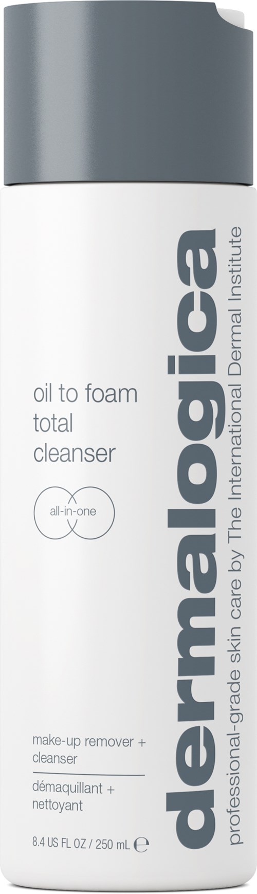 Een lange witte fles met 'dermalogica' erop, met grijze dop, die een reiniger en make-up remover aanduidt.