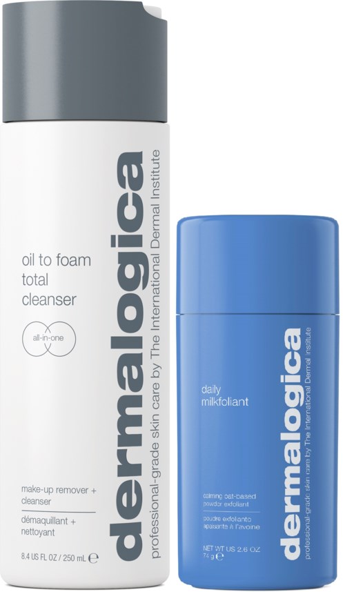 Zwei Hautpflegeprodukte: eine lange weiße Flasche mit grauem Deckel und ein kurzer blauer Behälter. Beide von dermatologica.
