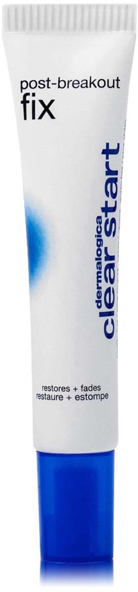 A white tube with blue cap shows dermatologist clear start post-breakout fix for skin, claiming to restore, fade, and diminish marks.