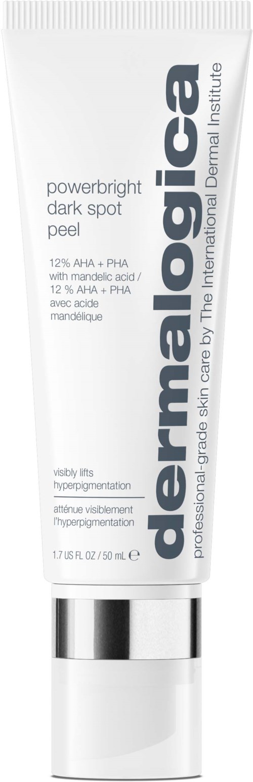 Een witte tube met DermaE-merk, bevat een peel voor donkere vlekken op de huid, met zilveren dop, merknaam schijfverticaal.