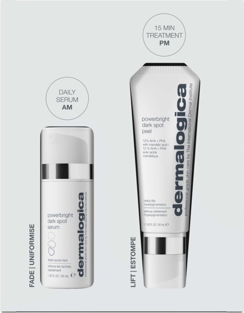 Twee huidverzorgingsproducten: een serum in een kleine fles voor dagelijks gebruik, en een grotere tube voor 15-minuten behandeling.