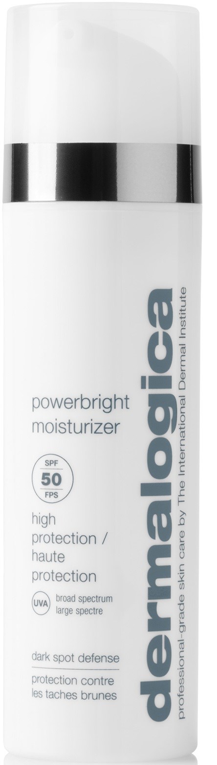 Eine weiße Flasche mit silbernem Band, bezeichnet 'dermalogica powerbright moisturizer' mit SPF 50, für Hautschutz.