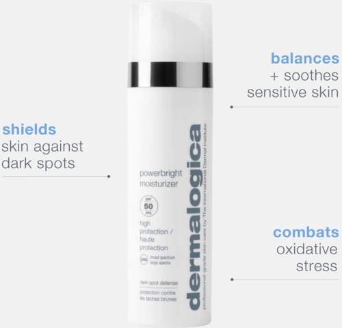 Eine weiße Flasche mit 'dermologica' Hautpflegeprodukt, geeignet für empfindliche Haut und dunkle Flecken, Schutz SPF 50.