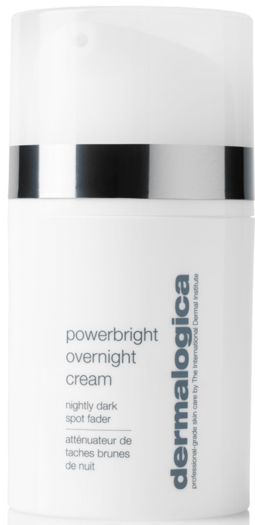 Een witte fles met een zilveren band en tekst voor Dermalogica's PowerBright nachtcrème tegen donkere vlekken.