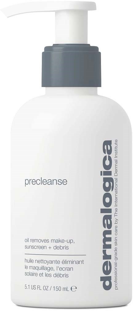 A white bottle with a pump, labeled 'precleanse,' designed for removing makeup, sunscreen, and debris.