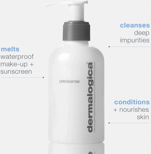 A white bottle of dermalogica precleanse with pump, highlighting it cleanses, melts makeup, and conditions skin.