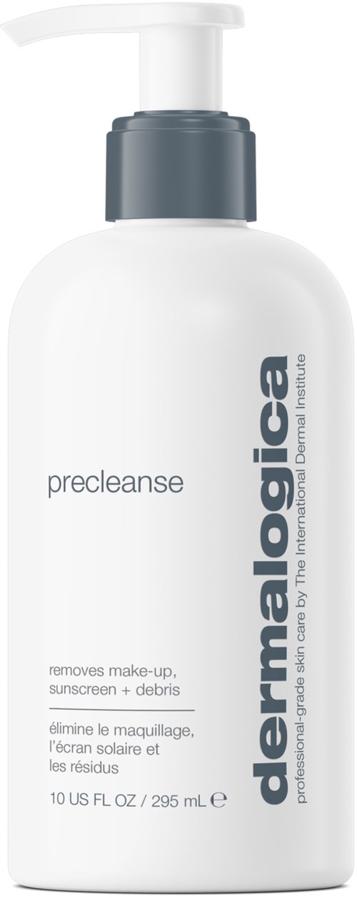A white bottle with a pump top labeled dermalogica precleanse, designed to remove makeup and debris.