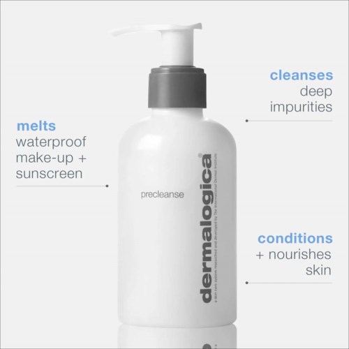 A white bottle with a pump, labeled 'dermalogica' and 'precleanse'. Describes cleaning, melting makeup, and soothing skin.