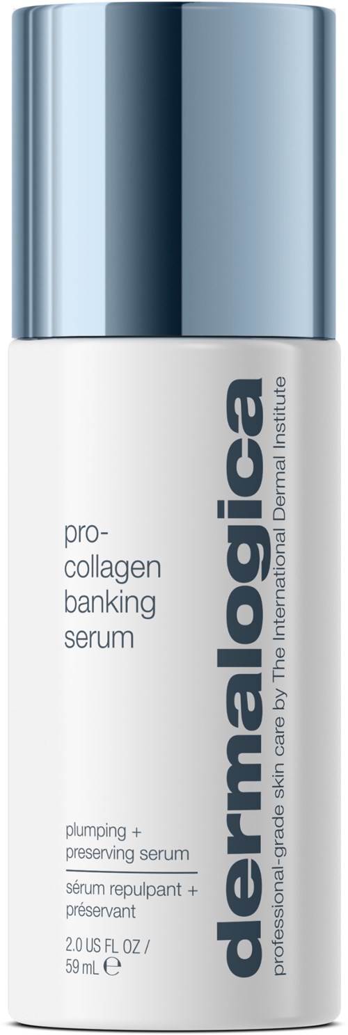 Eine weiße Flasche mit silberner Kappe, beschriftet Dermatologica Pro-Collagen Banking Serum, zur Hautpflege.