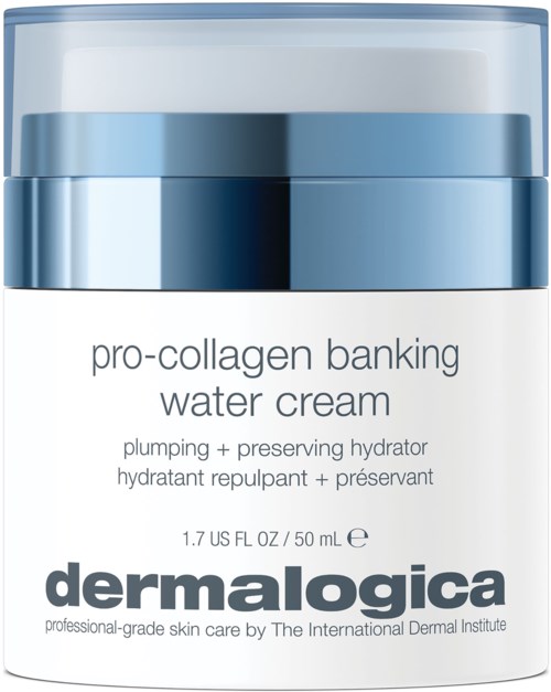 En krukke med Dermalogica pro-collagen banking water cream, som viser blå og hvit emballasje med produktdetaljer.