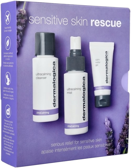 Huidverzorgingsset voor gevoelige huid met drie producten: reiniger, spray en crème, in paarse verpakking met lavendelbloemen.