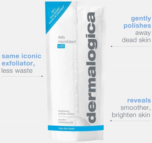 Een witte tube met blauwe en grijze tekst, gelabeld als dagelijks microfysiologisch, belooft de huid te verhelderen en dode huid te verwijderen.