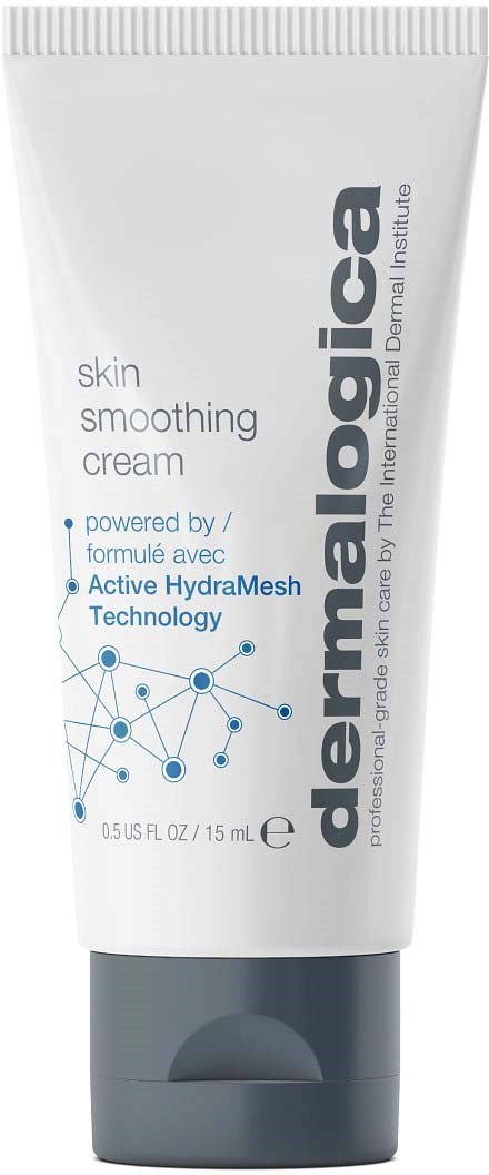 A white tube of skincare cream with blue and black text, labeled 'dermalogica skin smoothing cream'.