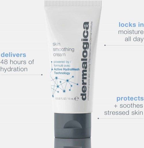 A white tube of skin cream with blue and black text, emphasizing hydration, protection, and soothing stressed skin.