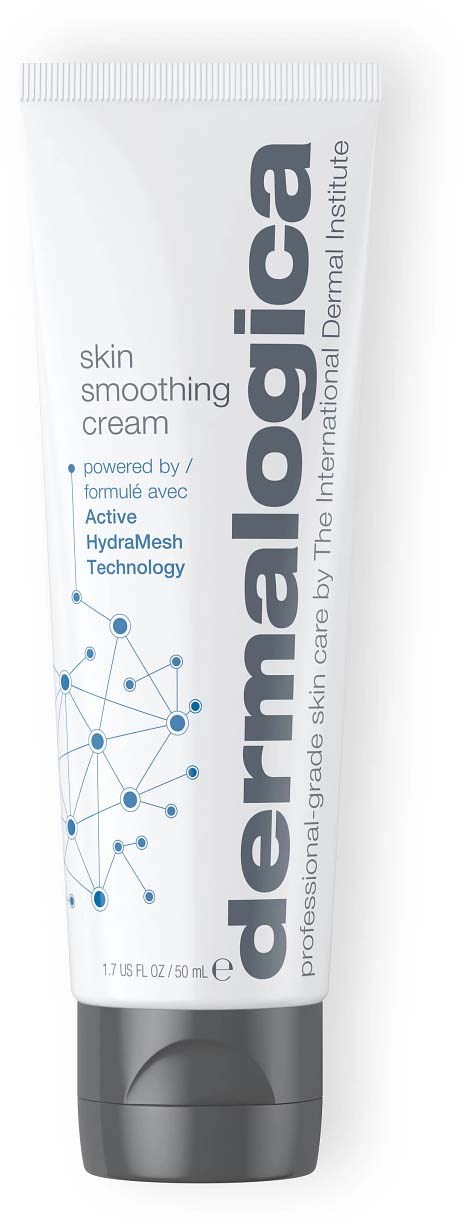 Een witte tube met DermaLogic huidverzachtende crème met blauwe en zwarte tekst, merknaam prominent. Beschrijft actieve Hydramesh-technologie.