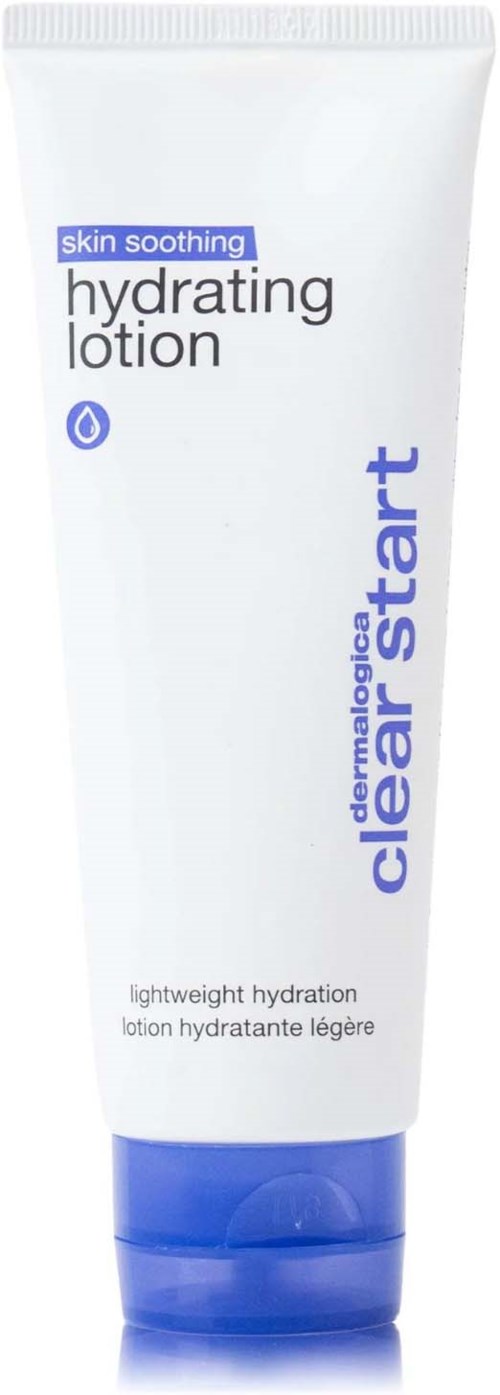A white tube of hydrating lotion with blue accents and text, labeled 'skin soothing' and 'hydrate start'.