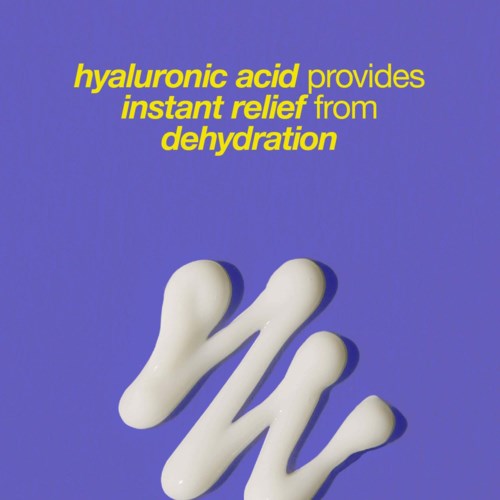Text about hyaluronic acid helping with skin hydration, with several white dollops of cream on a purple background.