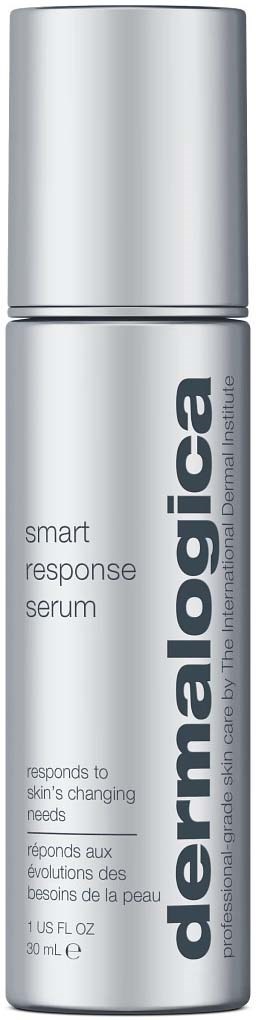 Een witte cilindervormige fles met grijze tekst, gelabeld 'dermalogica smart response serum,' ontworpen voor huidverzorging.