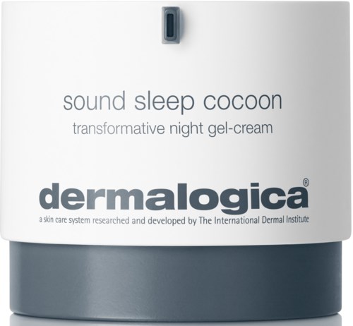 Valkoinen ja harmaa purkki, jossa lukee 'Sound Sleep Cocoon' yökkäri-kerma Dermalogicalta, ihonhoitoon.