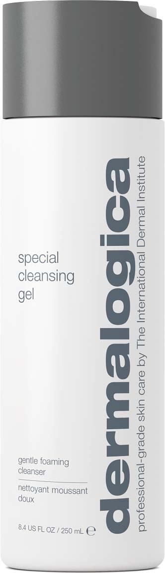 Een witte fles met een grijze dop met de tekst Dermalogica Special Cleansing Gel, zachte schuimende reiniger voor de huid.