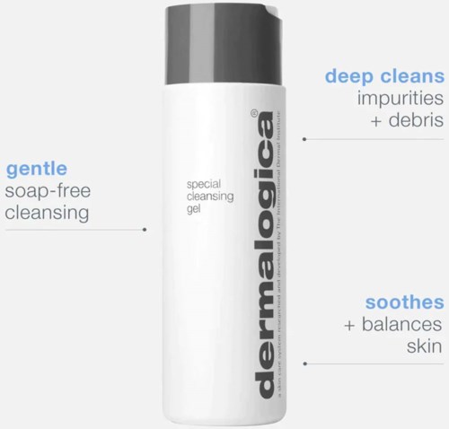 Een witte fles met een grijze dop, gelabeld Dermalogica special cleansing gel, beschrijft zachte, diepe reiniging en kalmering van de huid.