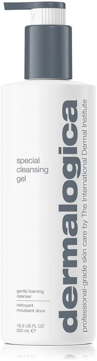 Eine weiße Flasche mit grauem Verschluss mit der Aufschrift Dermalogica special cleansing gel, für sanfte Schaumentwicklung und Hautpflege.