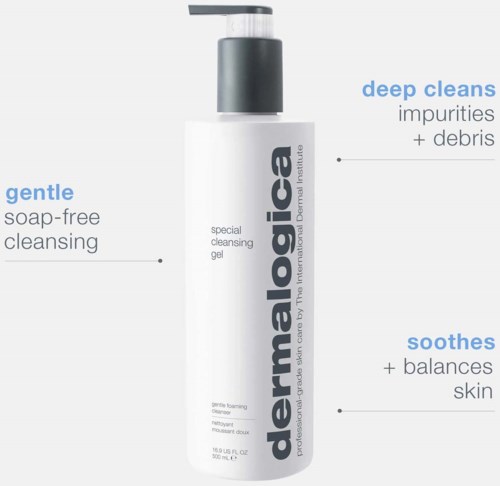 Eine weiße Flasche mit dermalogica-Reiniger, schwarzem und blauem Text, der sanftes Reinigen, tiefen Reinigen und Hautberuhigung hervorhebt.
