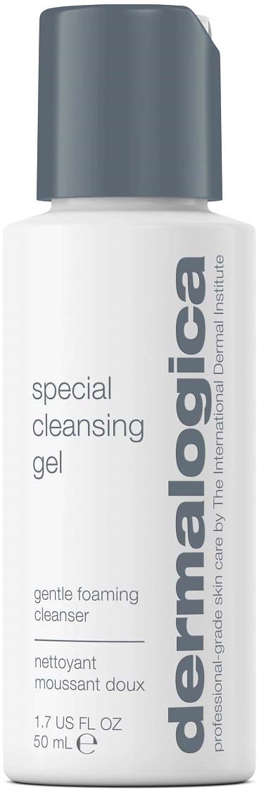 Een witte fles met een grijze dop met label 'dermalogica special cleansing gel' voor zachte gezichtsreiniging.