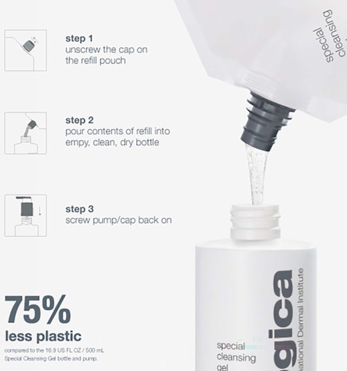 Step-by-step instructions for refilling a plastic bottle with a special cleansing gel, showing removal and refilling process.