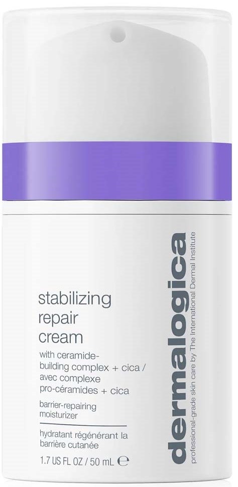Eine weiße und lila Flasche mit der Marke 'dermalogica' und enthaltene stabilisierende Reparaturcreme.