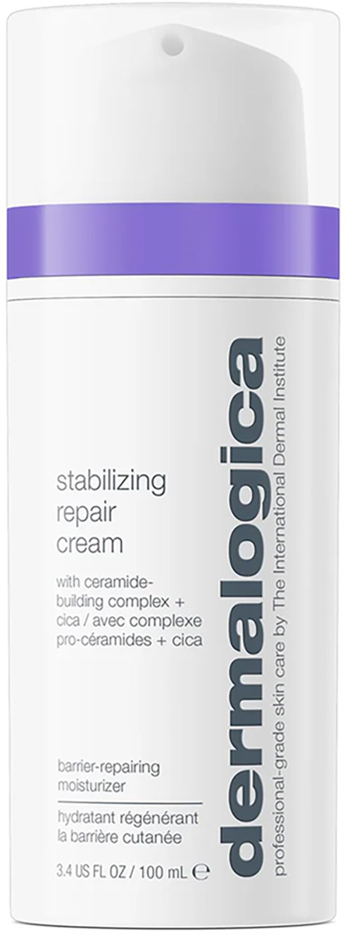 Eine weiße Flasche mit DermaLogic Repair-Creme mit lila und grauen Etiketten, die für Hautreparatur und Beruhigung steht.