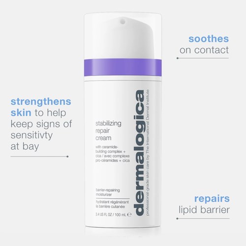 Eine weiße und lila Flasche Dermalogica Reparaturcreme für Heilung und Beruhigung bei Kontakt. Text erklärt Vorteile und Inhaltsstoffe.