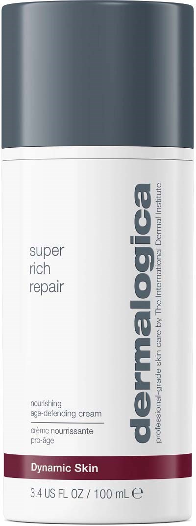 Een witte en grijze fles met huidverzorgingscrème genaamd 'dermalogica super rich repair' voor voedende, ouder worden tegengestelde huid. Bevat 3,4 fl oz.