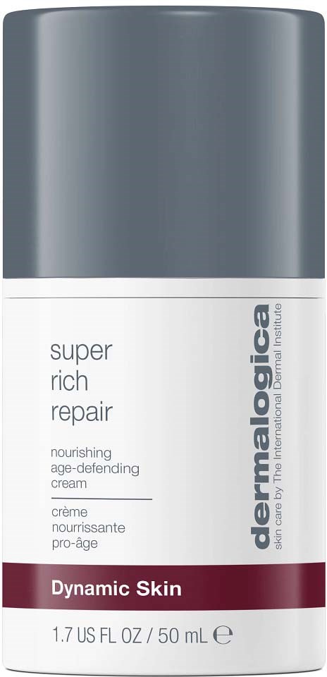 Een fles van Dermaologica Super Rich Repair voedende crème voor verouderde huid met een zilveren klep.