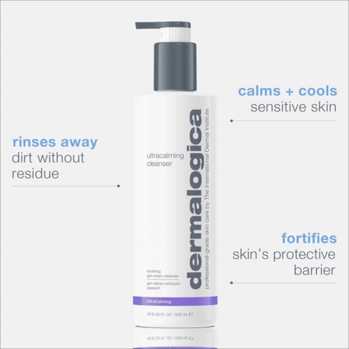 Eine weiße Flasche mit schwarzem Pumpkopf, beschriftet 'dermalogica.' Sie fördert beruhigende, reinigende und schützende Hautvorteile.