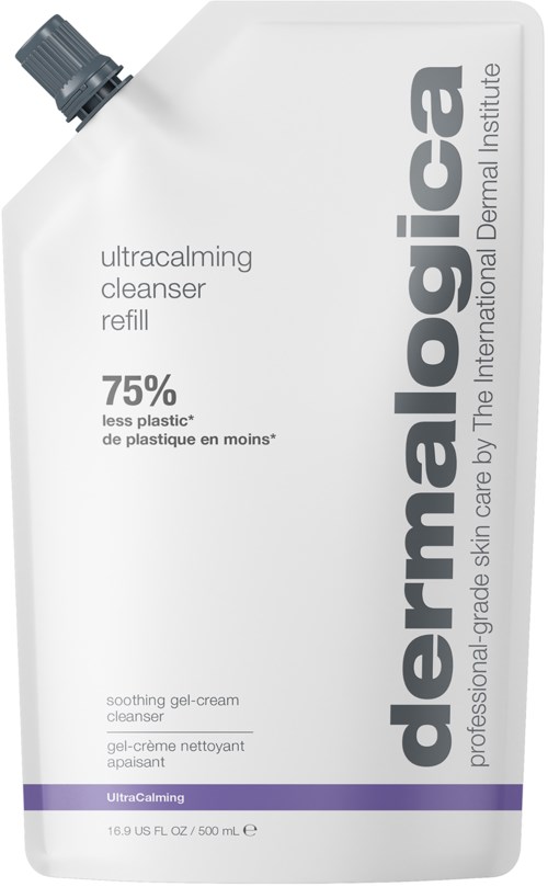 Witte navulverpakking voor een kalmerende gezichtsgelreiniger met 75% minder plastic van DermaLogic.