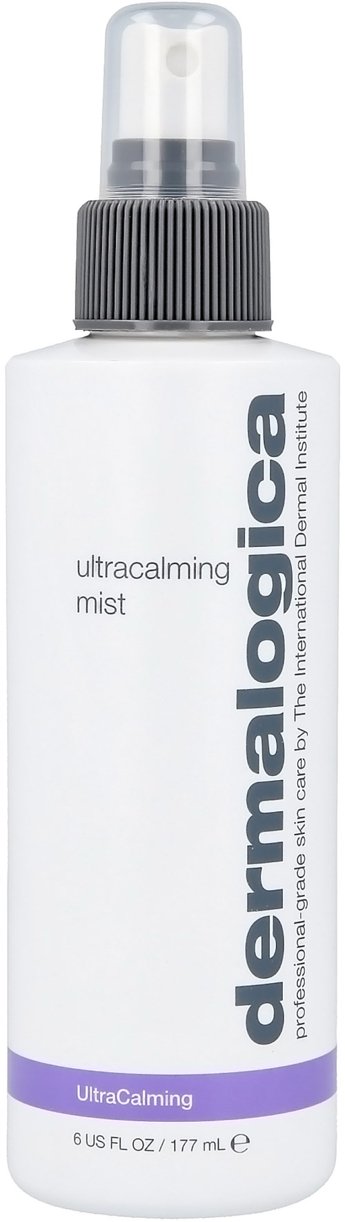 Een witte sprayfles met zwarte dop, gelabeld 'dermalogica ultracalming mist' en 'UltraCalming' onderaan.