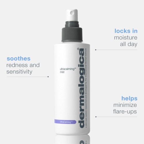 En vit sprayflaska med svart lock och blå etikett för dermalogica ultracalming mist, främjar fukt, lugnar huden och minskar rodnad.