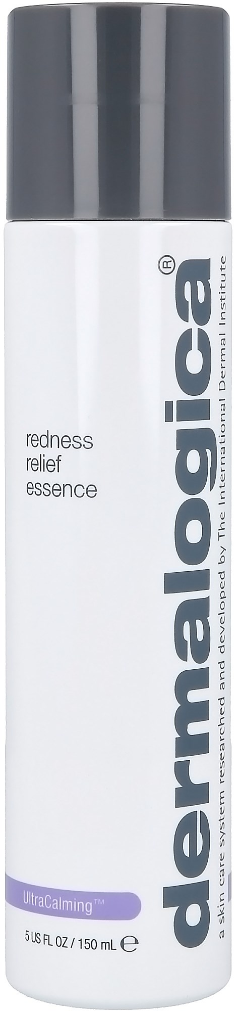 En vit flaska med grått lock märkt 'dermallogica' och 'redness relief essence'.